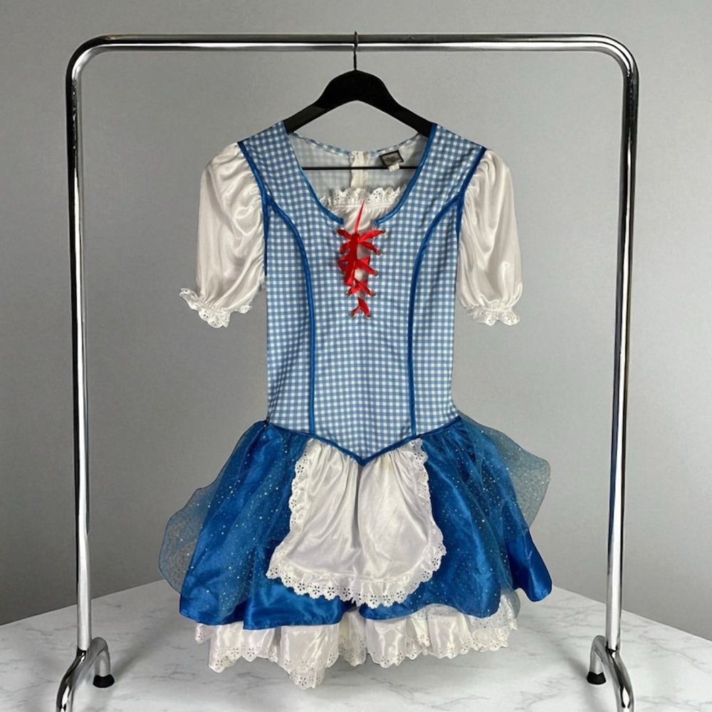 Blue Gingham Mini Dress with White Puff Sleeves and Red Lace Accent